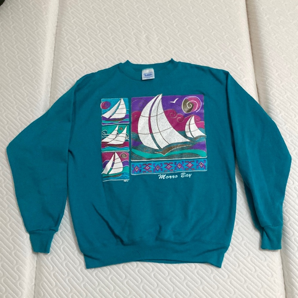 Morro Bay California Crewneck Sweatshirt Teal Cyan Blue Pink Purple Medium